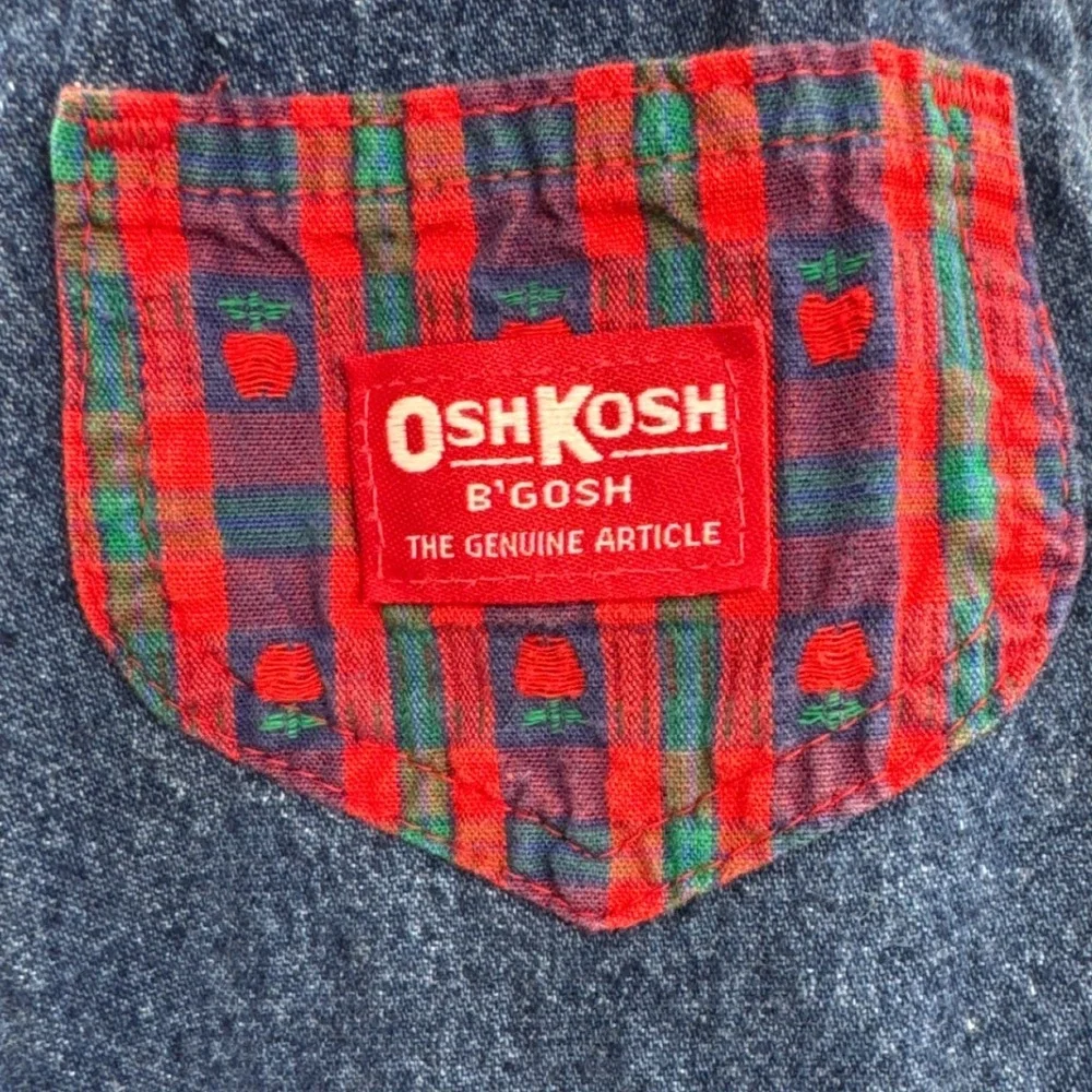 Vintage OshKosh B'gosh 2T Denim Jumper Dress Plaid‎ Bow USA Made Toddler Girl